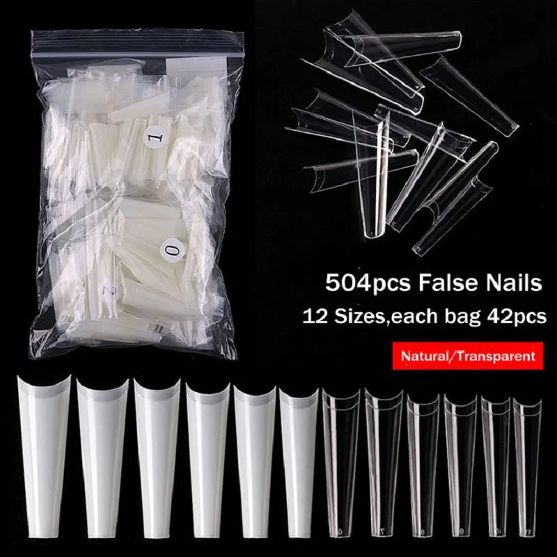 504 pcs Natural ,Clear, Coffin Nail Tips - C-Curve False Nails